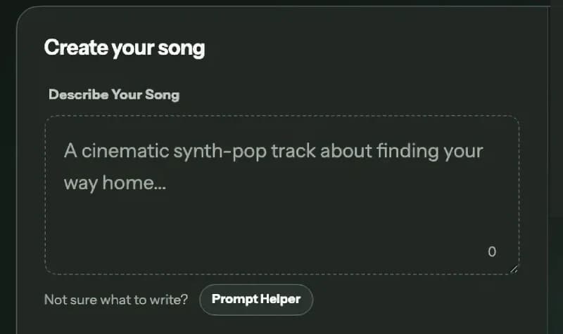 Suno V6 song generator with prompt field, Prompt Helper, Vocal and Instrumental options, and Generate Your Song button