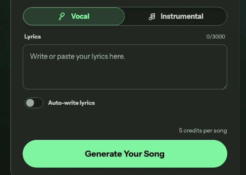 Suno V6 generator with Vocal mode selected, Lyrics field, Auto-write lyrics option, and Instrumental control