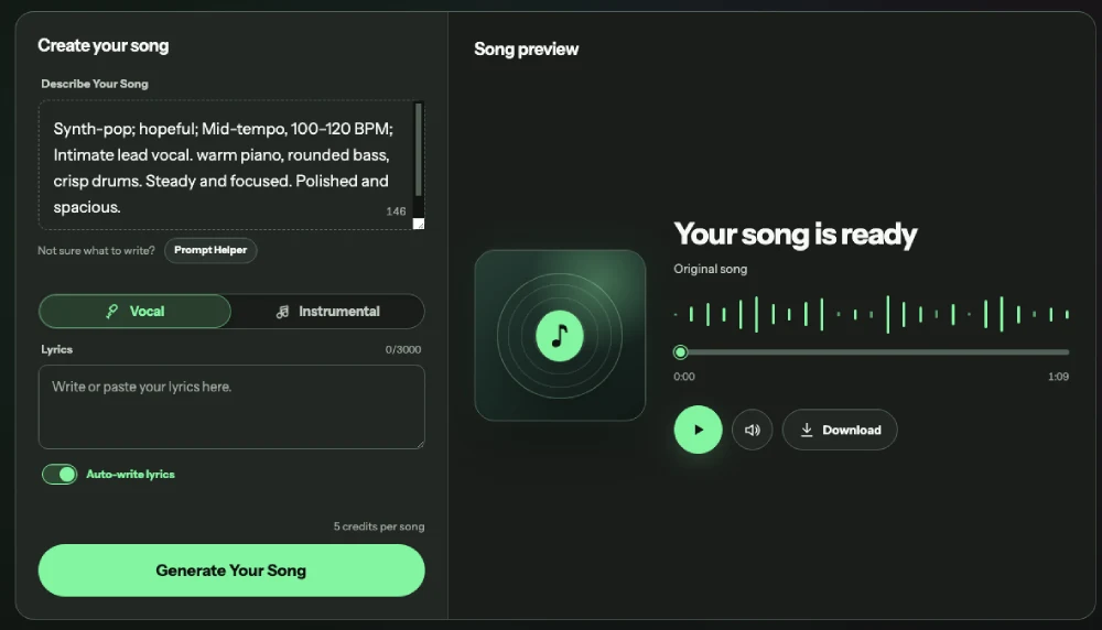 Generated Suno V6 song preview with cover, playback controls, progress bar, and download button