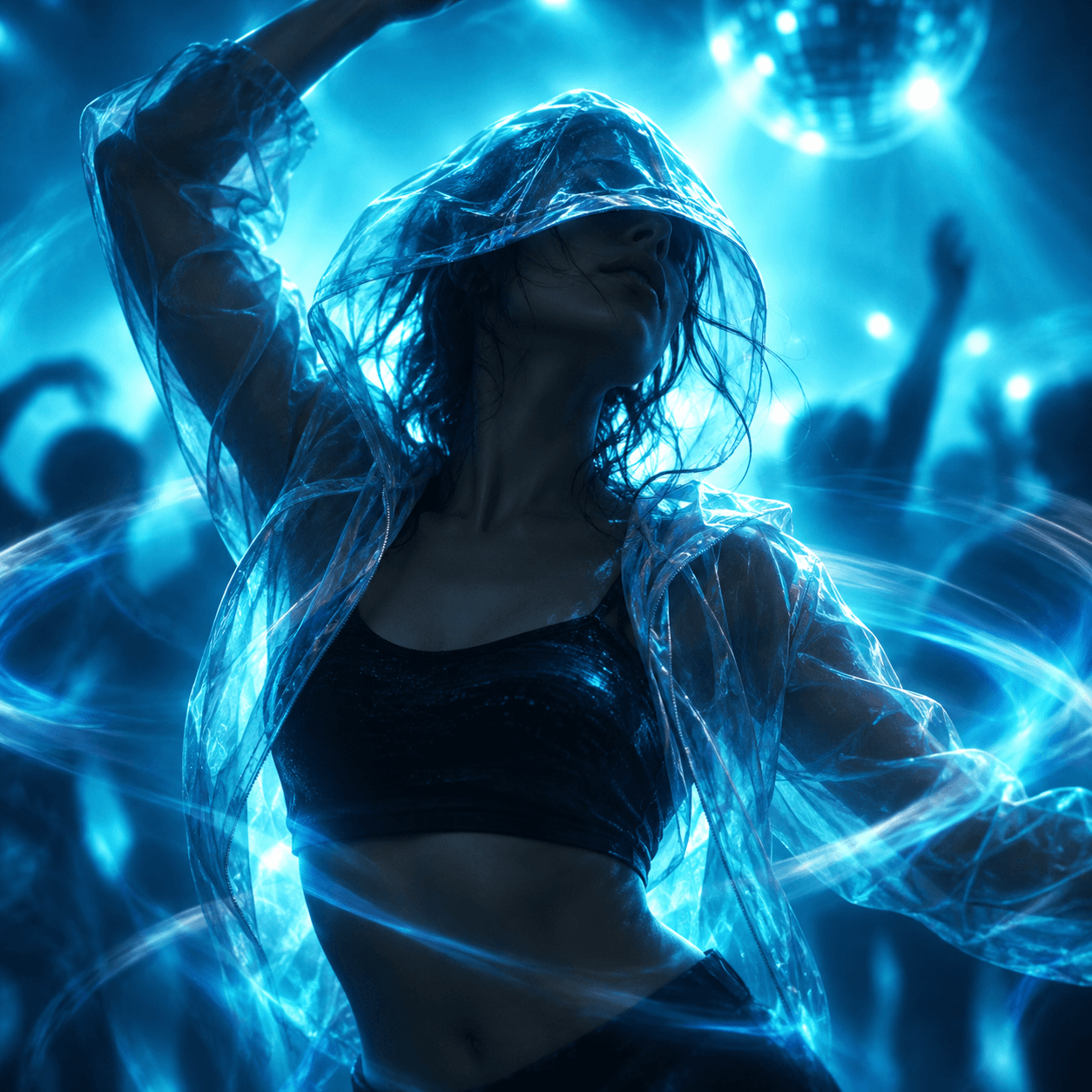An anonymous dancer surrounded by electric cyan club light