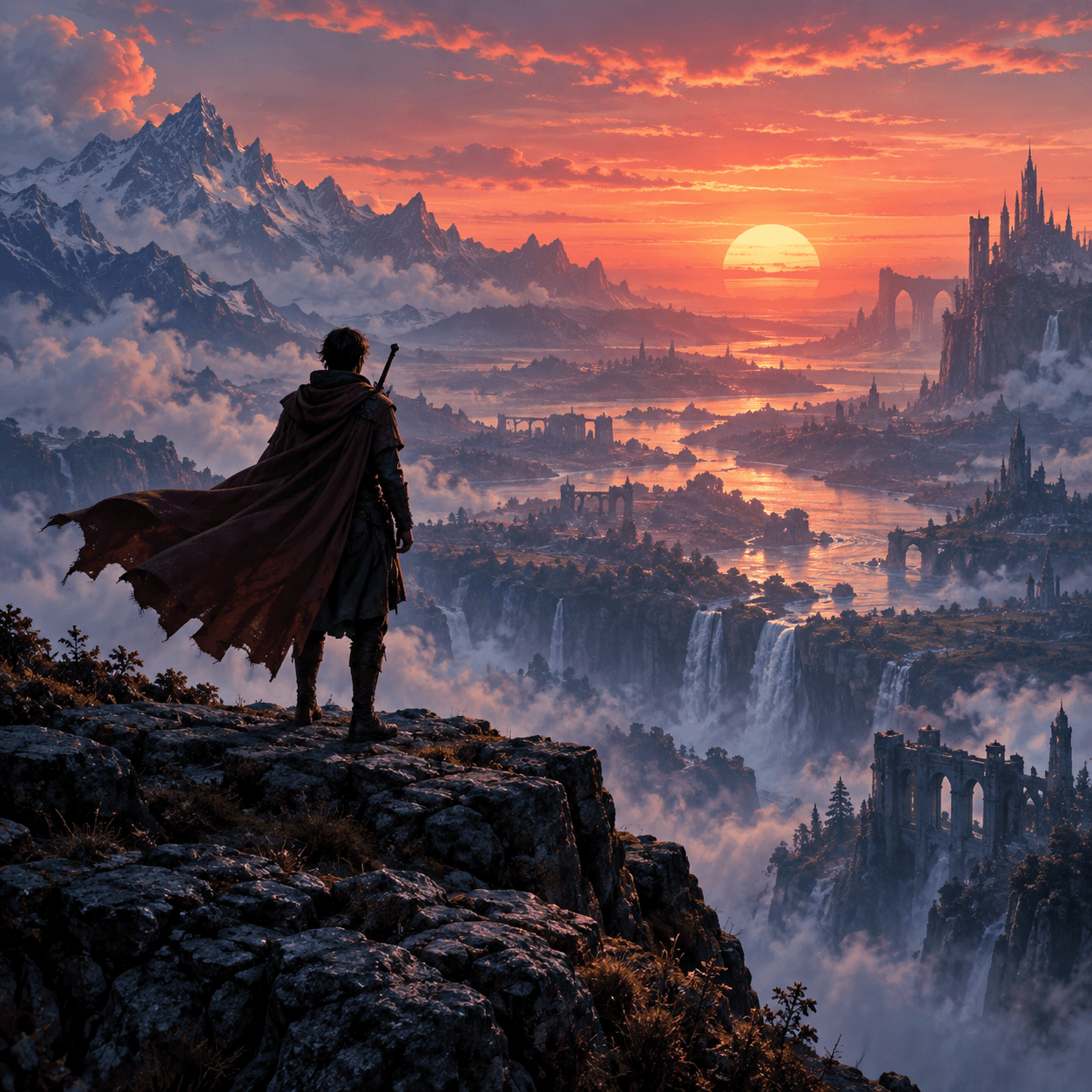 A lone traveler overlooking an immense valley at sunset