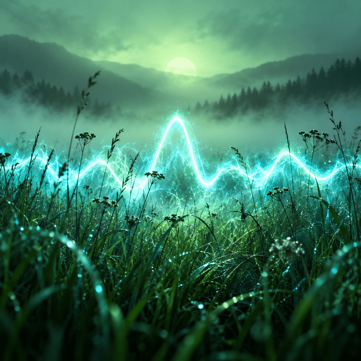Luminous energy moving through wild grass in mint fog