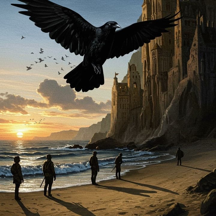 A black bird soaring above a dramatic coastal forest