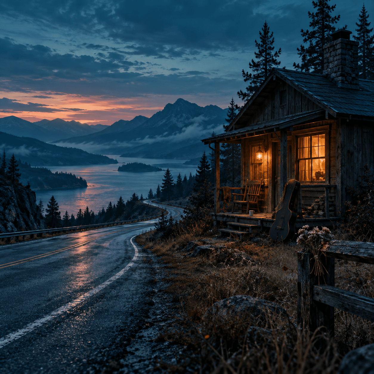 A lonely roadside cabin glowing at blue hour