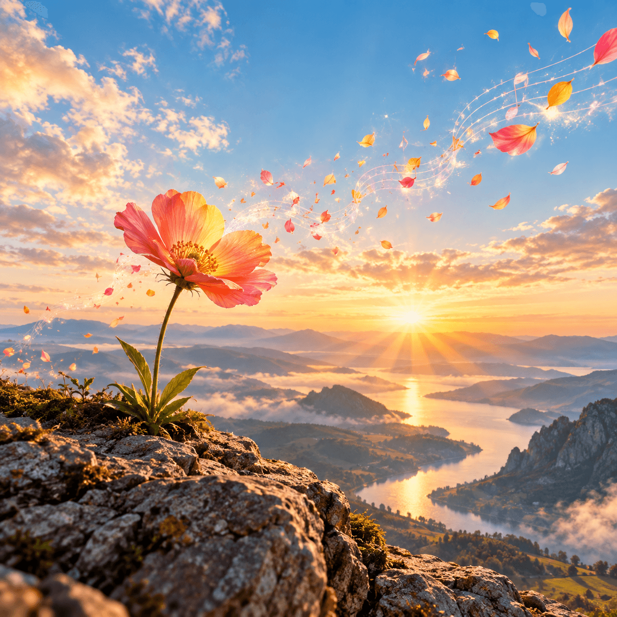 A vivid flower growing at the edge of a vast sunlit landscape