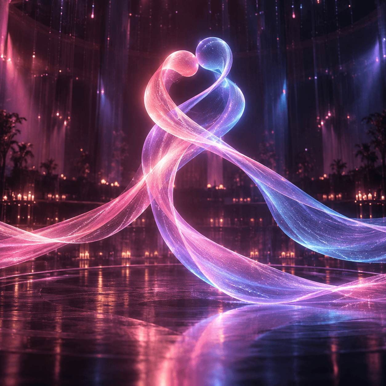 Two luminous ribbons meeting in an abstract embrace
