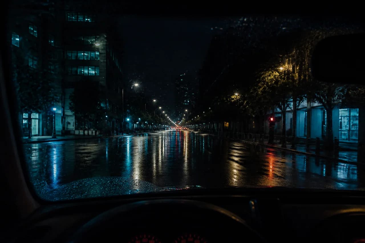 A solitary car traveling through a neon city at night