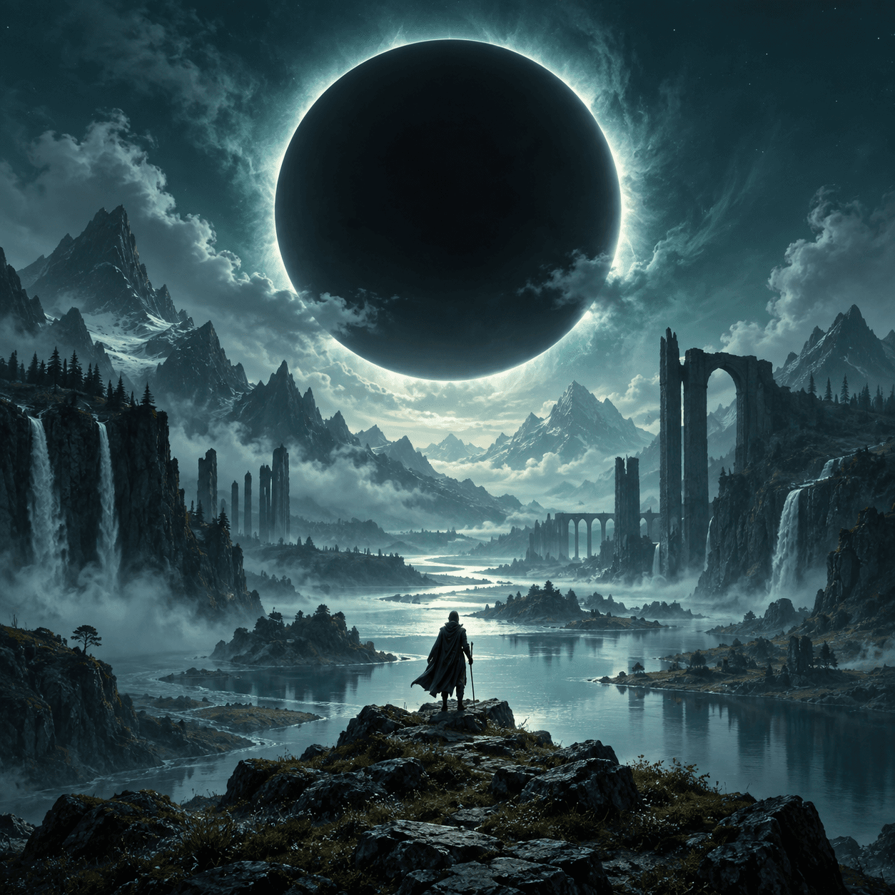 A monumental eclipse above a tiny traveler in a dreamlike valley
