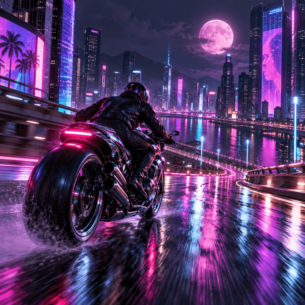 A chrome motorcycle crossing a rain-wet neon city road