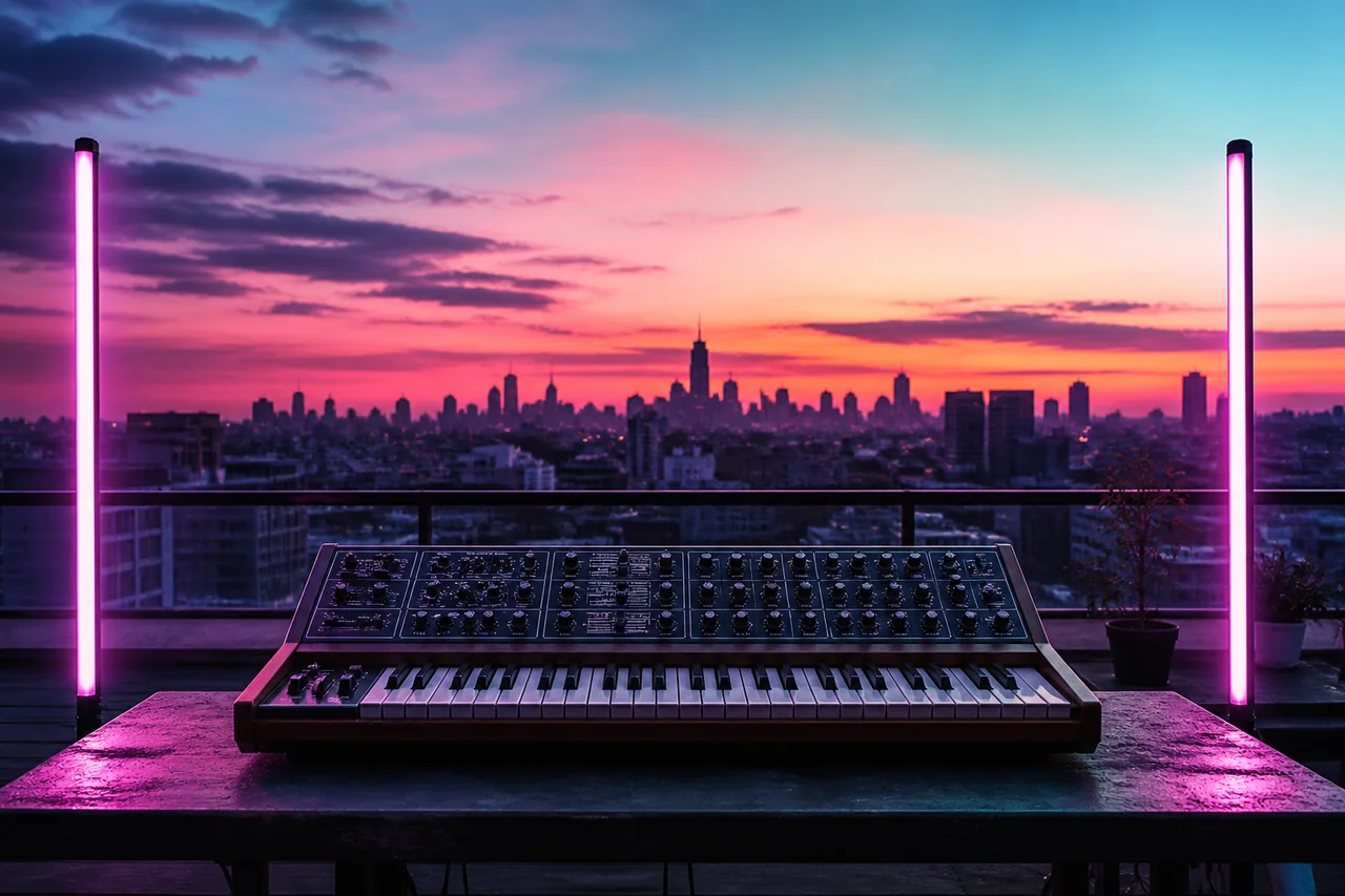 A vivid neon sunrise over a retro futuristic landscape