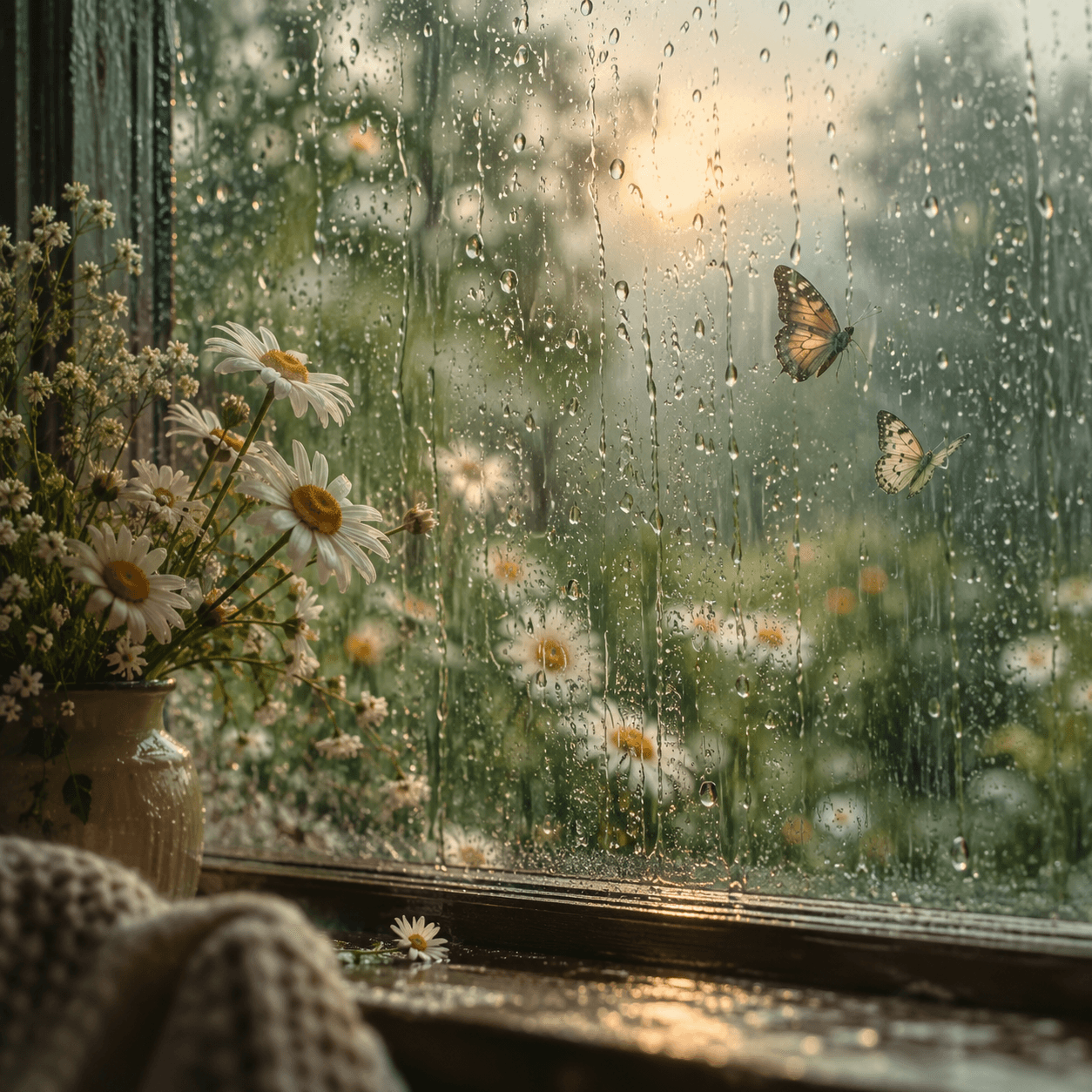 Daisies and butterflies seen through a rain-covered window