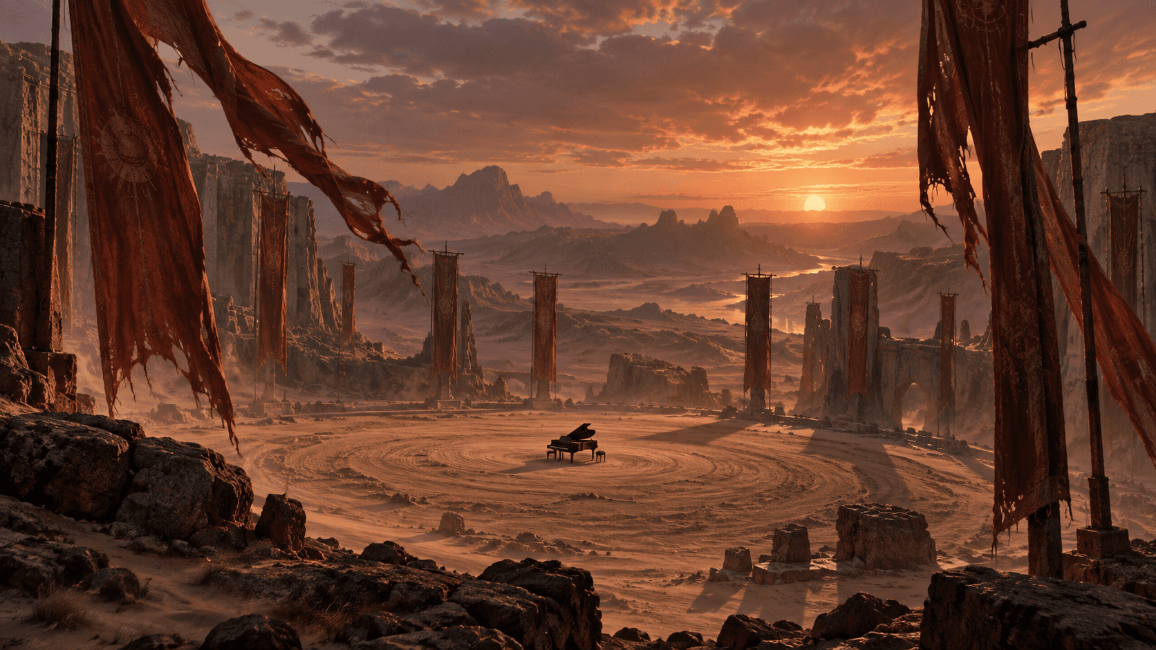 A cinematic desert world at sunset