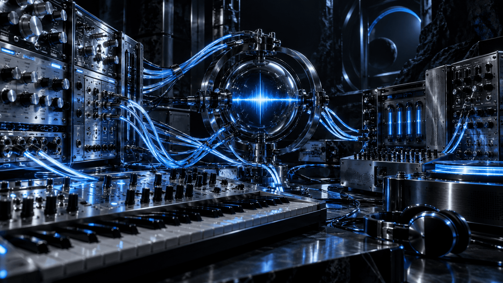 A futuristic electronic music studio filled with blue light