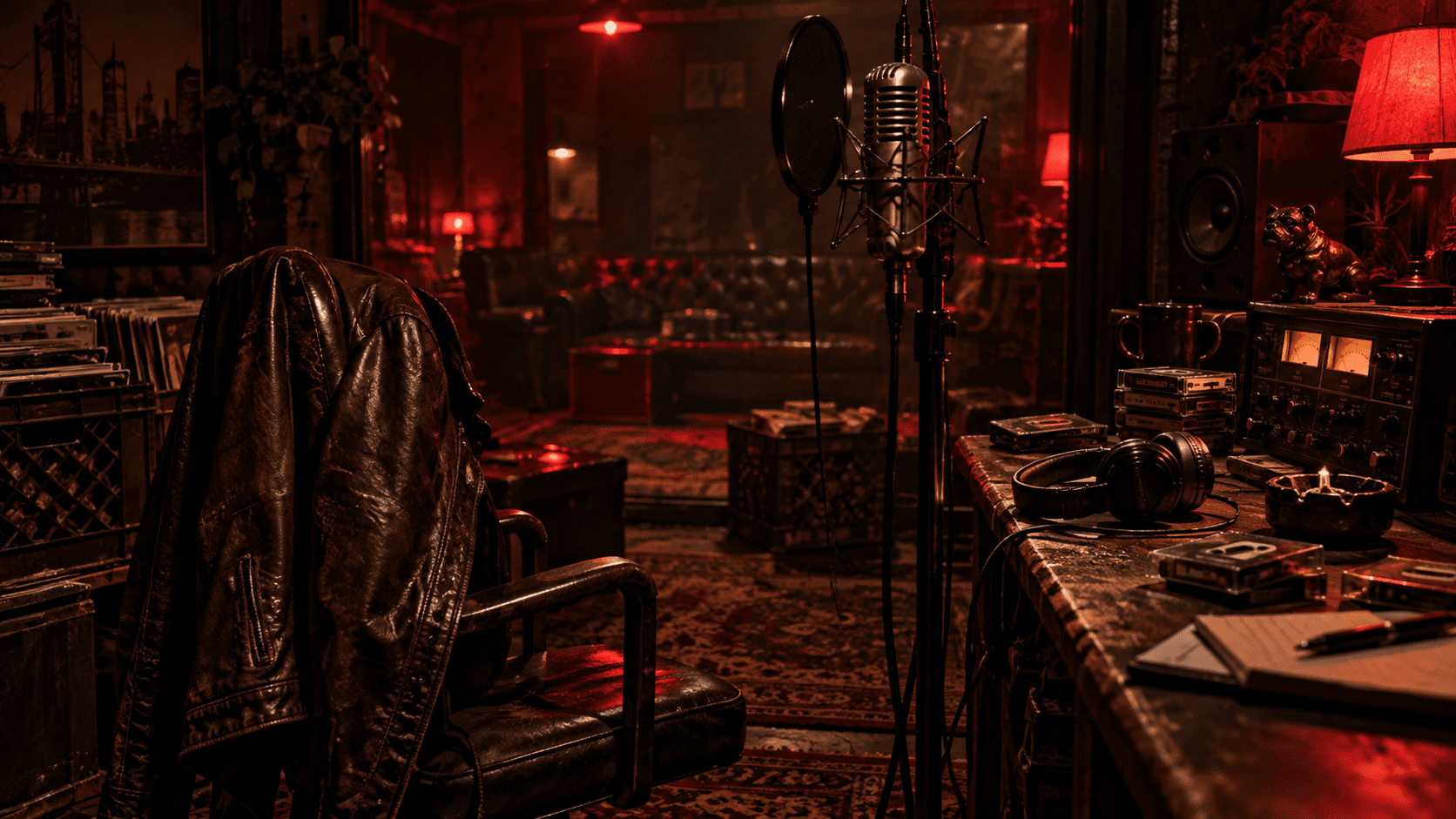 A red-lit recording studio for a hip hop concept