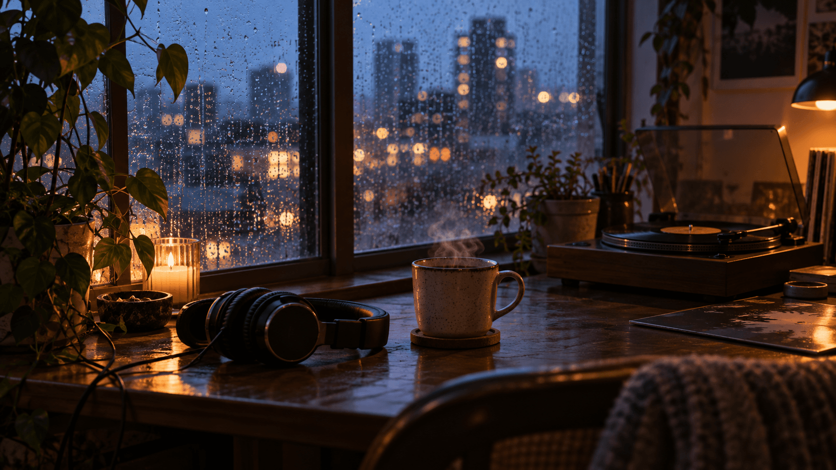A quiet lo-fi room overlooking a rainy city
