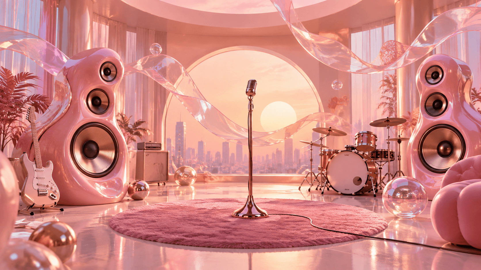 A vivid pink performance stage for a pop music concept