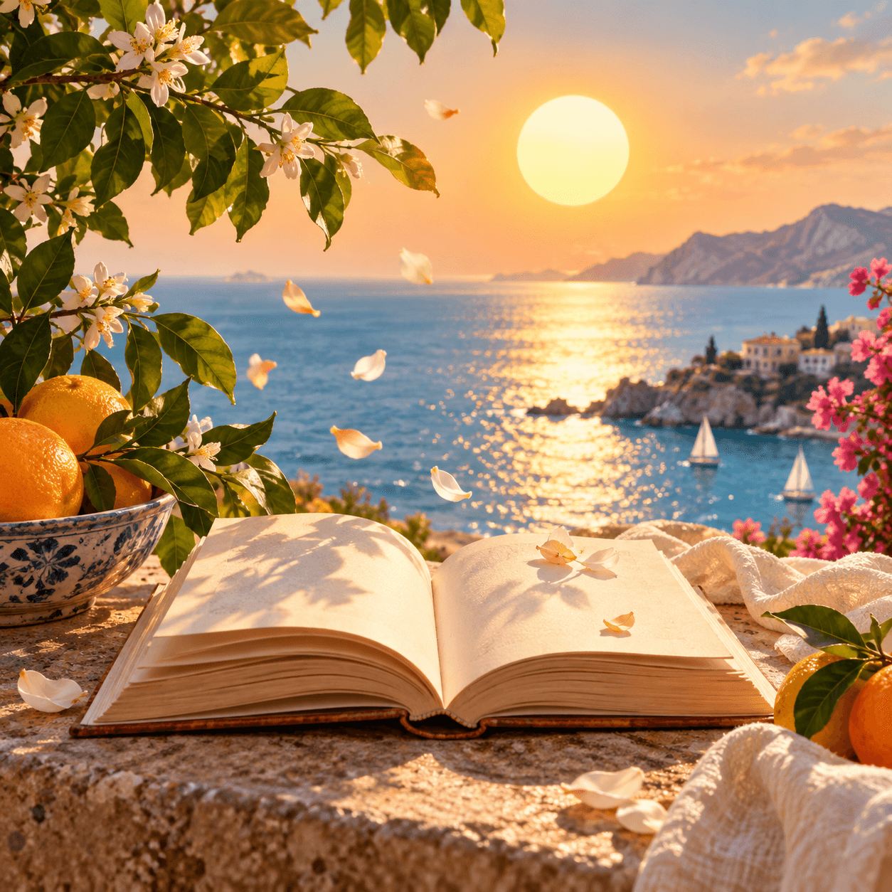 A sunlit open book with citrus leaves beside a calm sea