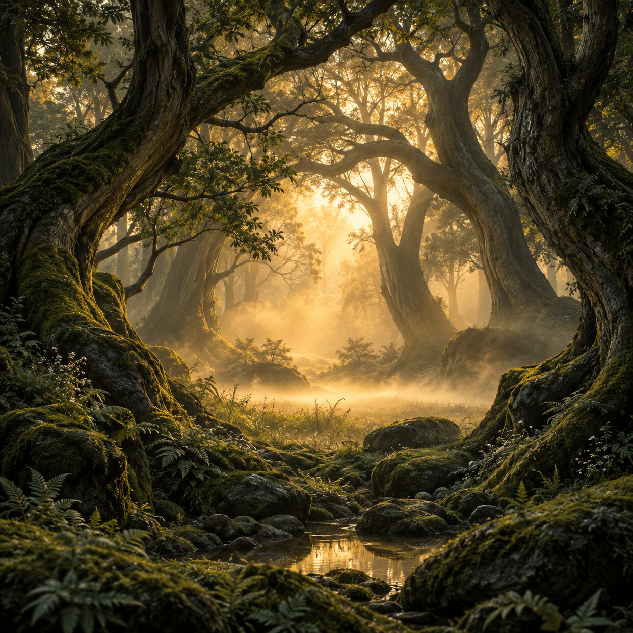 Ancient forest trees surrounding a clearing filled with golden mist